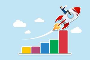 Business growth profit increase, growing or improvement sales and revenue, progress or development concept, businessman riding rocket on growth bar graph or rising up revenue chart. Paper Cut Style vector