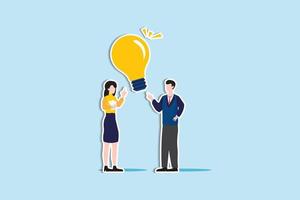 Communicate idea in business discussion, effective communication to brainstorm and come up with solution or result concept, businessman and woman coworker talking with lightbulb idea. paper cut style vector