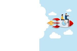 leadership to guide team to success, boost team productivity or innovation to succeed, partnership or success startup concept, business people riding rocket, leader pointing direction. Paper Cut Style vector