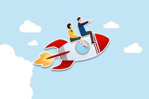 leadership to guide team to success, boost team productivity or innovation to succeed, partnership or success startup concept, business people riding rocket, leader pointing direction. Paper Cut Style vector