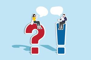 Question and answer, frequently asked questions, discussion to get solution to solve problem, brainstorm conversation or quiz concept, businessman and woman ask and answer questions. Paper Cut Style vector