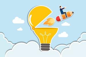 Creativity new idea or invention, inspiration, education or genius idea, writing content or boost creative thinking concept, man riding pencil rocket from opening lightbulb. paper cut style vector