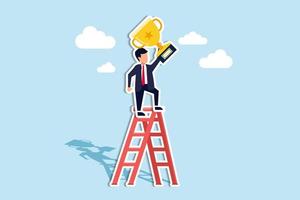 achievement or opportunity, climb up ladder to get new hope, accomplishment or career development concept, businessman climb up ladder of success to reach trophy champion target. Paper Cut Style vector