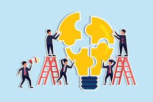 Team building, team collaboration for business idea, teamwork to solve problem, participate to work together for success concept, businessmen and businesswomen team up to solve lightbulb jigsaw vector