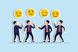 Employee morale, team spirit, work passion or job satisfaction, worker wellbeing or feeling, attitude and motivation concept, businessman and businesswoman team showing emotion happy and sad faces. vector