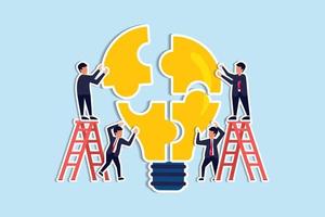 Team building, team collaboration for business idea, teamwork to solve problem, participate to work together for success concept, businessmen and businesswomen team up to solve lightbulb jigsaw. vector