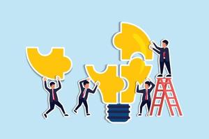 Team building, team collaboration for business idea, teamwork to solve problem, participate to work together for success concept, businessmen and businesswomen team up to solve lightbulb jigsaw. vector