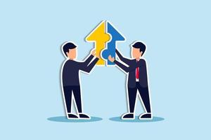 Joint venture business partnership agree to share resource and work together to achieve same goal, merge or acquisition, cooperation concept, businessman connect growth arrow jigsaw puzzle vector