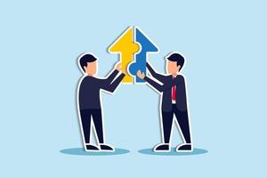 Joint venture business partnership agree to share resource and work together to achieve same goal, merge or acquisition, cooperation concept, businessman connect growth arrow jigsaw puzzle vector