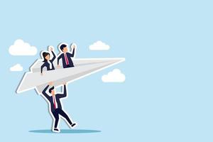 Mentor or support employee to success, manager to help or advice staff to reach goal, work coaching or adviser expert concept, businessman manager launching paper plane origami with team colleagues vector