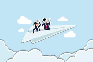 Mentor or support employee to success, manager to help or advice staff to reach goal, work coaching or adviser expert concept, businessman manager riding paper plane origami with team colleagues vector