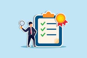 Standard, quality control or certified approval, corporate policy or compliance, guarantee checklist document, assurance concept, businessman hold magnifying glass with standard QC badge document vector