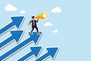 Company success moving forward to progress for improvement concept, confidence businessman standing on growing arrows pointing up looking to the future with the telescope in the sky next target vector