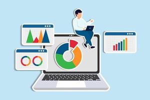 research data analysis, business data or financial report, SEO analytics or profit and earning concept, businessman analyst with laptop analyze data on computer laptop dashboard vector