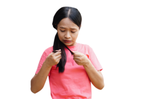 asiático mujer con dañado cabello, división termina png