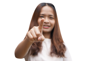 Asian woman pointing finger at front button png