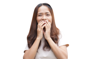 Asian woman covering her mouth with her hands png