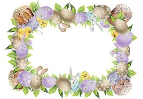 Watercolor hand drawn Easter celebration clipart. Border frame with eggs, leaves, bunnies, chicken, kulich bread. Isolated on white background. For invitations, gifts, greeting cards, print, textile vector