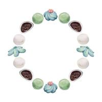 acuarela mano dibujado tradicional japonés dulces circulo guirnalda de verano wagashi, Mañana gloria aislado en blanco antecedentes diseño para invitaciones, restaurante menú, saludo tarjetas, imprimir, textil vector