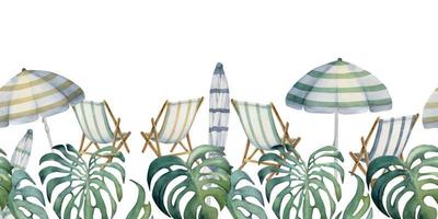 Hand drawn watercolor striped beach chair and umbrella. Seamless horizontal banner. Isolated on white background. Design for wall art, wedding, print, fabric, cover, card, tourism, travel booklet. vector