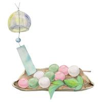 Watercolor hand drawn traditional Japanese sweets. Summer three color dango, leaves, wind chime. Isolated on white background. Design for invitations, restaurant menu, greeting cards, print, textile vector