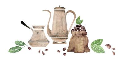 Watercolor hand drawn composition with coffee copper pot, cezve, jute bag beans leaves cinnamon sticks. Isolated on white background. For invitations, cafe, restaurant food menu, print, website, cards vector