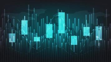 concepto de situación económica. las estadísticas de negocios financieros con gráfico de barras y gráfico de velas muestran el precio del mercado de valores y el cambio de divisas en el fondo verde vector