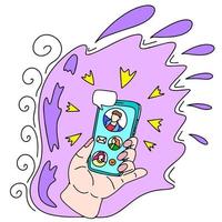 The hand holds a mobile phone with correspondence. This is a vector picture in the style of a comic book