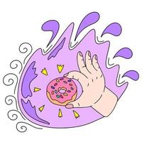 The hand holds the donat. The concept of a delicious snack. This is a vector picture in the style of a comic book