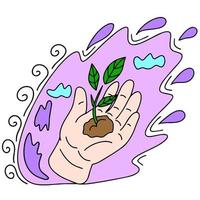 The hand holds a handful of earth with a sprout. The concept of caring for nature. This is a vector picture in the style of a comic book