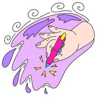 The hand writes with a pen. The concept of editing. This is a vector picture in the style of a comic book