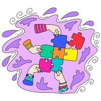 Hands put together puzzles. The concept of collaboration. This is a vector picture in the style of a comic book