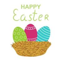 Easter Greeting Card, Bird Nest and Color Eggs, vector