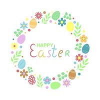 Easter Wreath with Easter Eggs, Flowers and Leaves on White Background. Decorative Frame for your Greeting Cards, Banners, Flyers vector