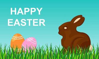 Happy Easter Banner with Eggs, Chocolate Bunny and Grass on Blue Background vector