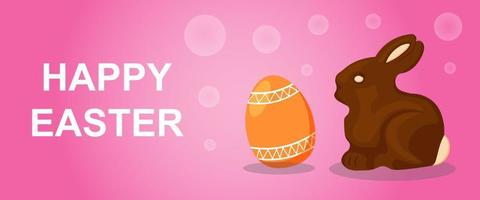 Happy Easter Banner with Egg and Chocolate Bunny on Pink Background vector