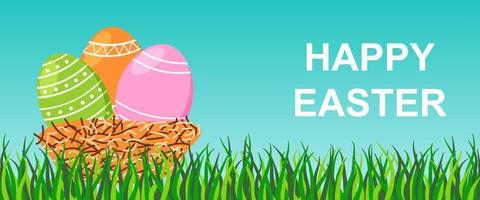 Happy Easter Banner with Grass and Nest with Eggs on Blue Background vector