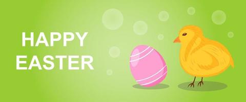 Happy Easter Banner with Egg and Chick on Green Background vector