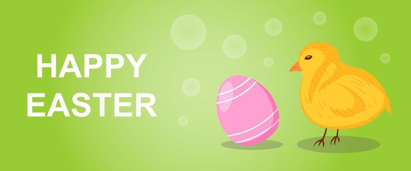 Happy Easter Banner with Egg and Chick on Green Background