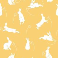 Cute hand drawn rabbits and flowers seamless pattern. Bunny silhouettes in different poses. Easter symbol vector