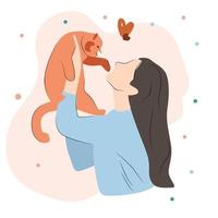 linda gato y un muchacha. vector ilustración para nacional mascota mes, san valentin día, gato fidelidad día, gato día. corazones antecedentes.