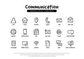 Communication icon set doodle style include with email, phone, chat, video conference, message, mail, letter, envelope, mobile phone, fax and more vector