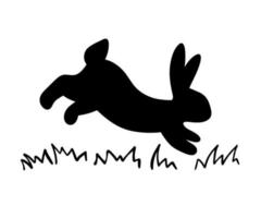 Cute bunny silhouette isolated on white background. Vector illustration. Rabbit runs through grass