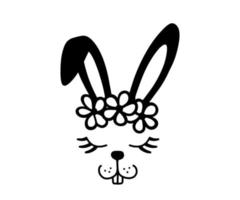 Easter vector design with bunny face and flowers. Rabbit silhouette isolated on white