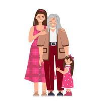 Three generations of women together. Happy bonding relationship characters isolated. Family hugging each other concept for mother's day. Holiday hand drawn flat vector illustration