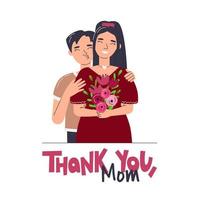 Asian family portrait for mother's day. Son thanks his mom with flowers bouquet. Teenager embracing mother. Cute characters concept with lettering phrase. Hand drawn flat vector illustration isolated