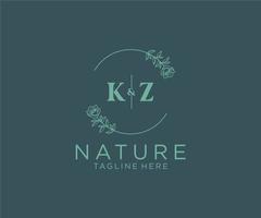 initial KZ letters Botanical feminine logo template floral, editable premade monoline logo suitable, Luxury feminine wedding branding, corporate. vector