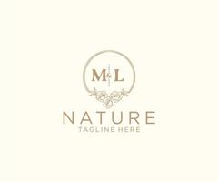 initial ML letters floral frames. Botanical feminine editable premade monoline unique decoration for greeting card, wedding invitation. vector