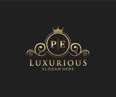 Initial PE Letter Royal Luxury Logo template in vector art for Restaurant, Royalty, Boutique, Cafe, Hotel, Heraldic, Jewelry, Fashion and other vector illustration.