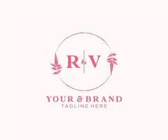 initial RV letters floral frames. Botanical feminine editable premade monoline unique decoration for greeting card, wedding invitation. vector